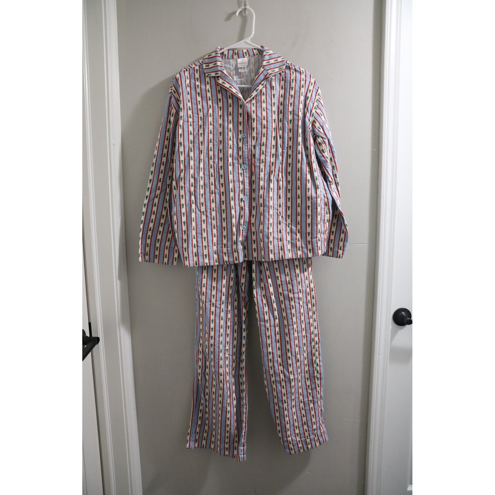Hanna Andersson Womens XXS Flannel Pajama Set Blue Red Stripe Christmas Tree PJs